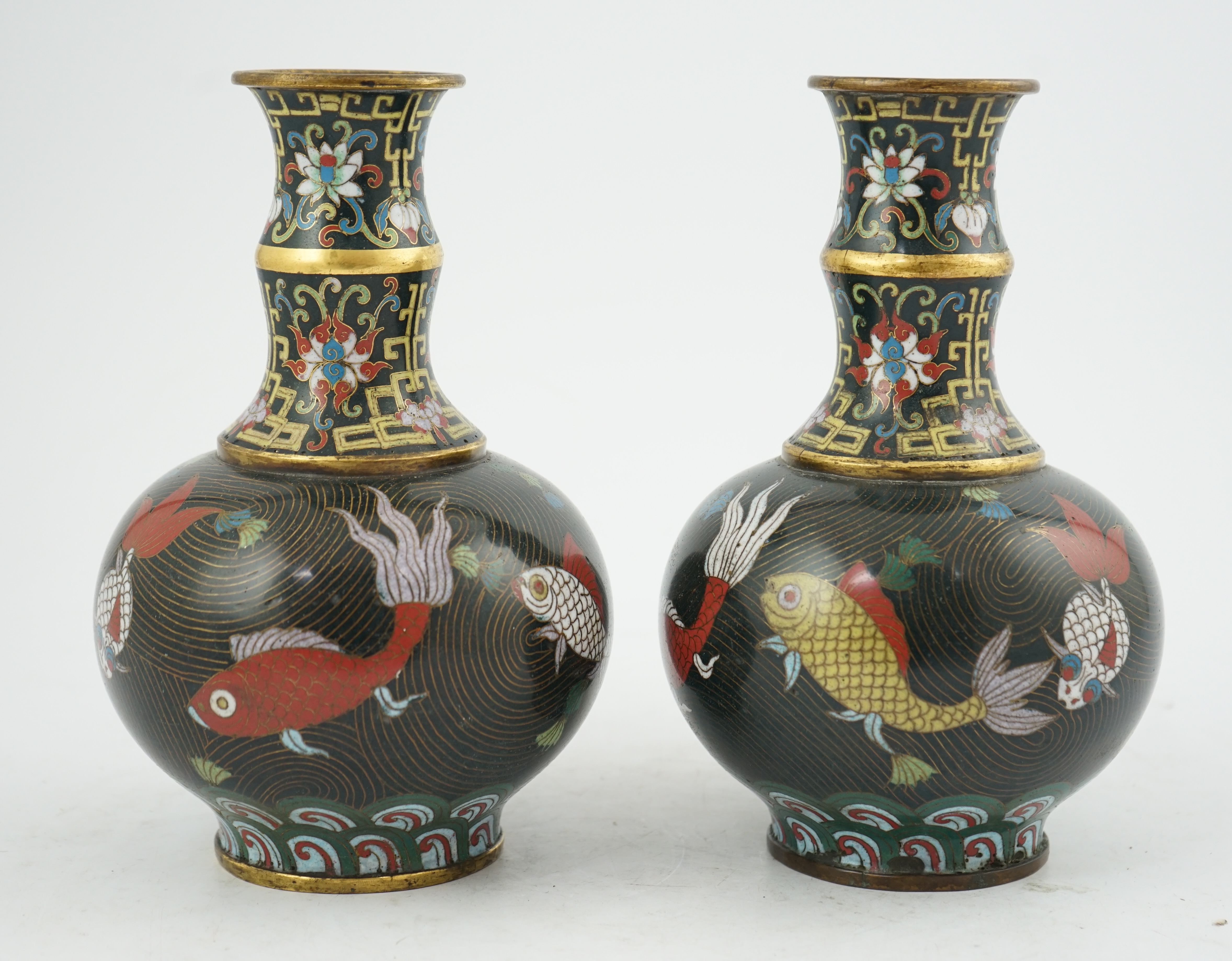 A pair of Chinese cloisonné enamel ‘goldfish’ vases, probably Jiaqing period (1796-1820)